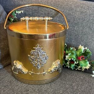 Vintage Retro bar Gold and Silver Ice Bucket w 2 horse heads and emblem